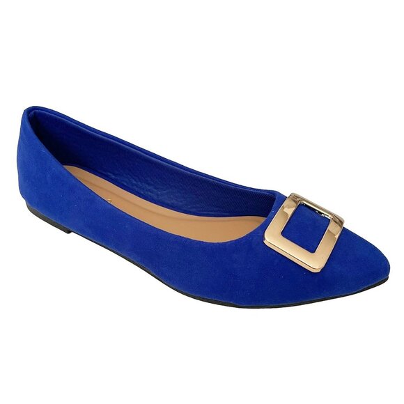 BAMBOO Pointy Toe Sleek Gold Buckle Ballet Flats Women's Slip-On Suede Shoes - Picture 2 of 7